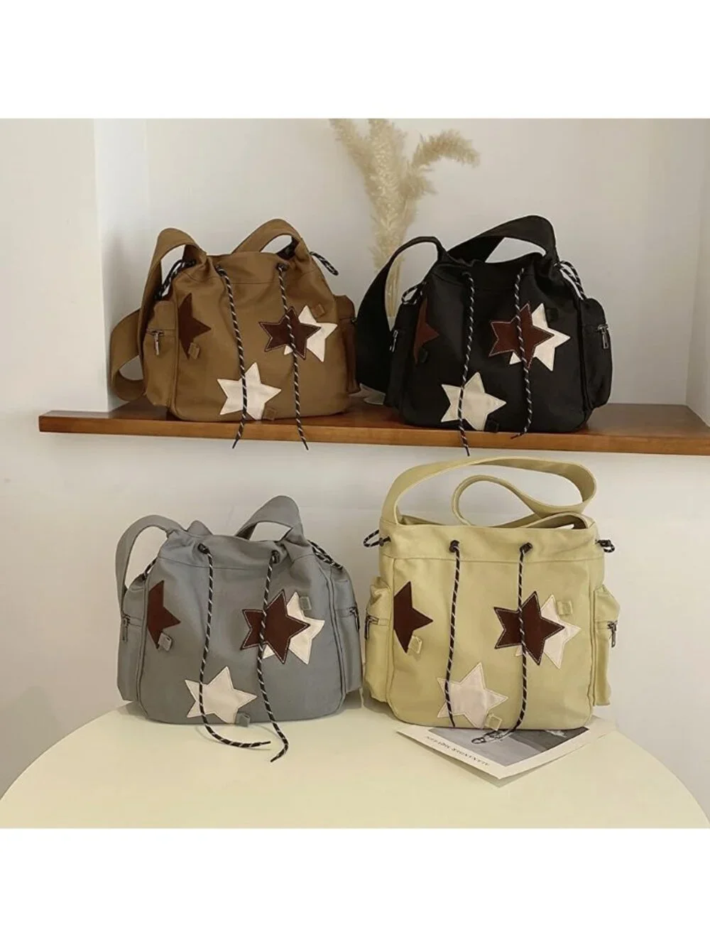 Women's Gray Zipper Kawaii Corduroy Star Aesthetic Crossbody Shoulder Bag